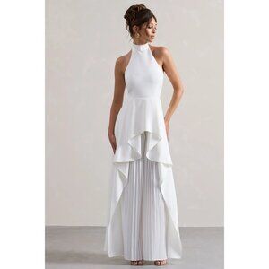 NWT | CLUB L LONDON | Ashwood White Plisse High-Neck Cape Jumpsuit